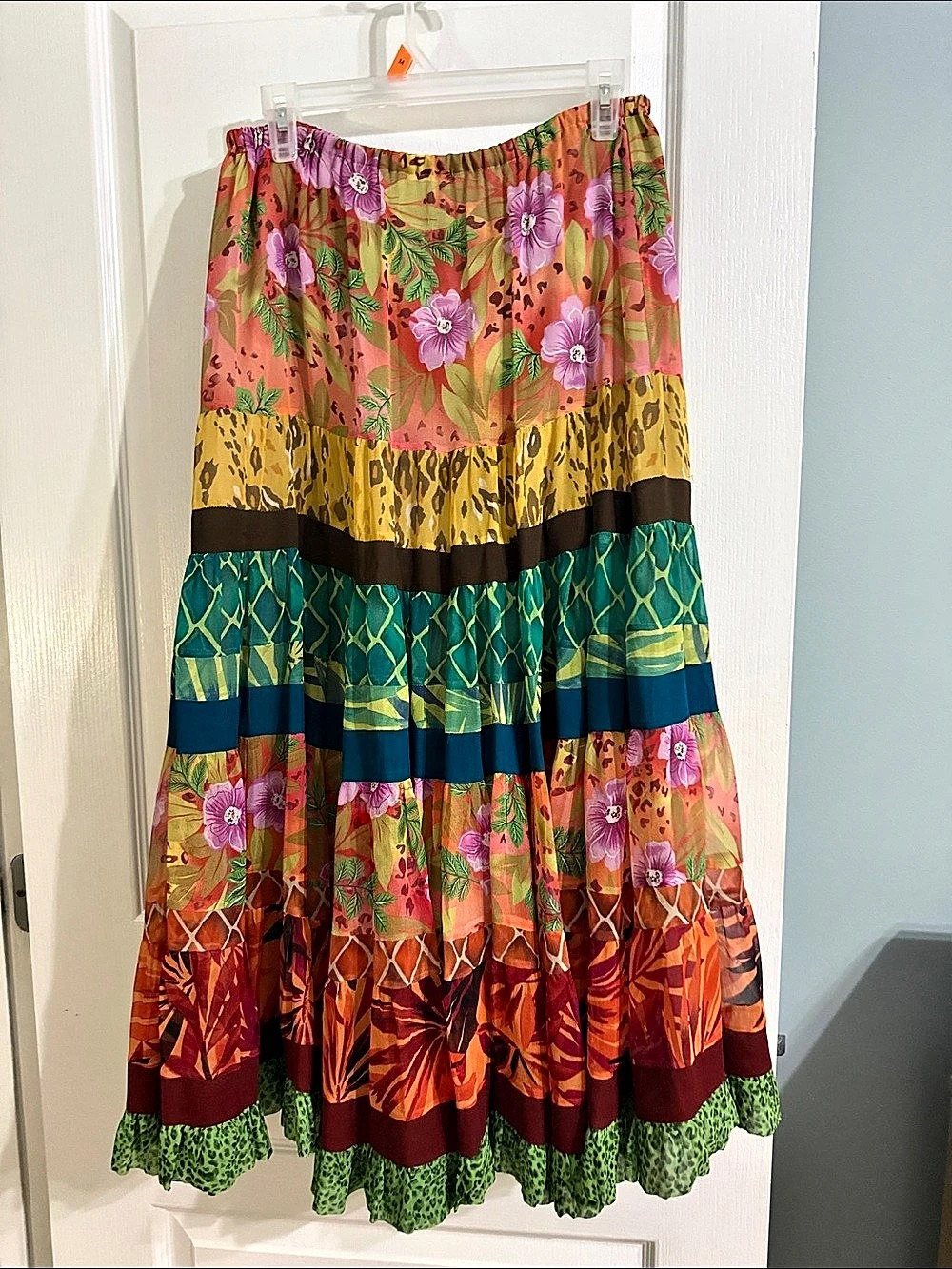 KENAR Floral Tiered Maxi Skirt in Green & Pink Size Medium